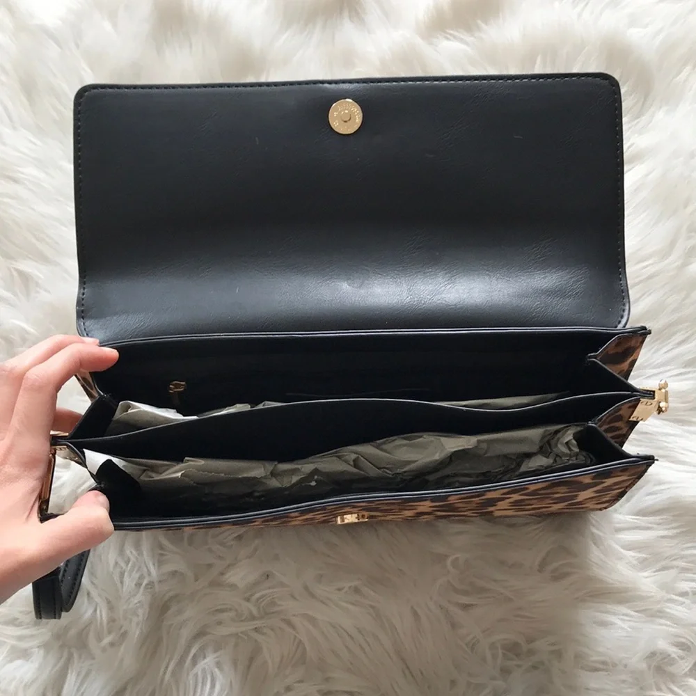 Sole Society Leopard Print Clutch in Tan and Black with Gold Hardware